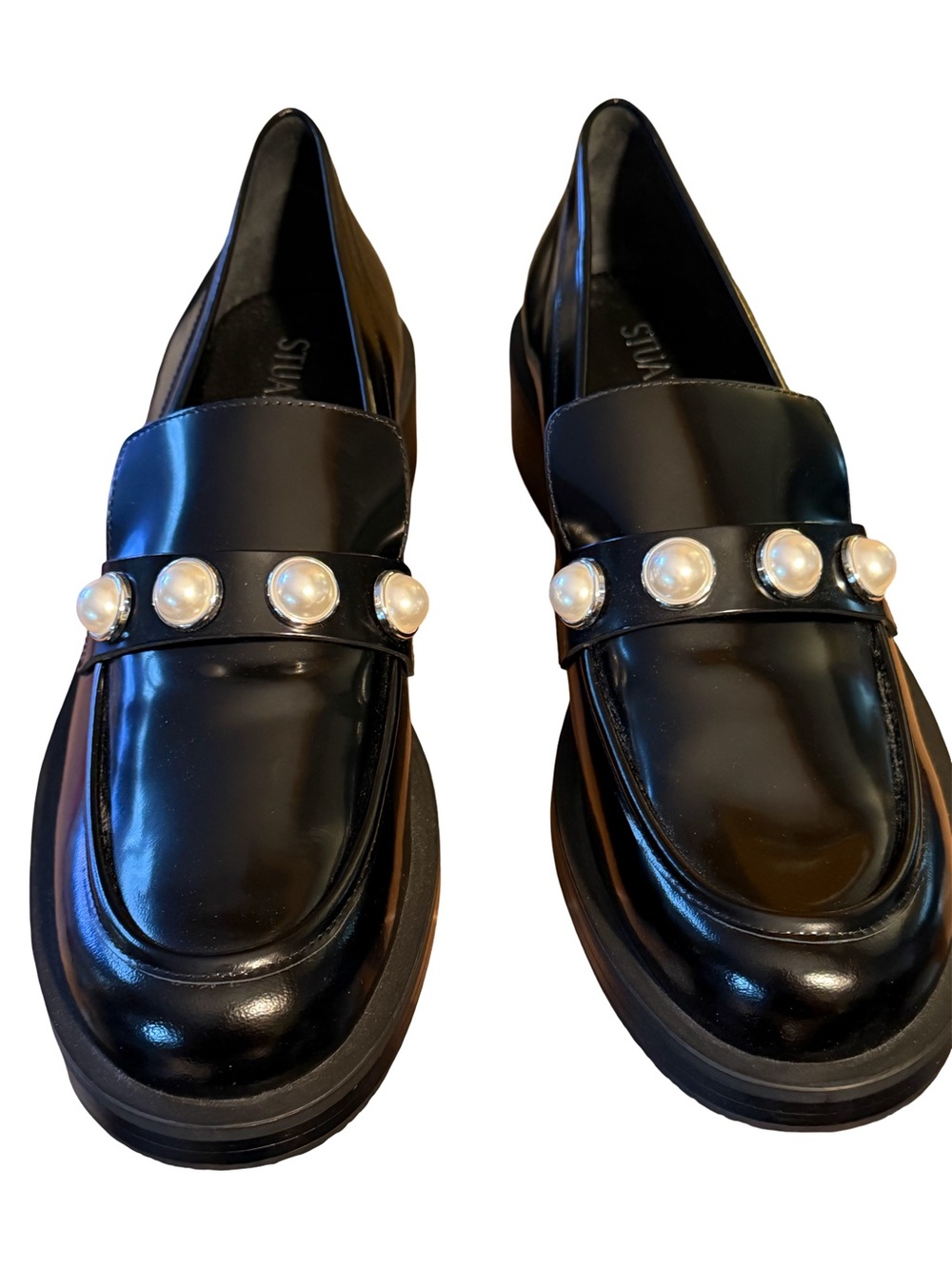 Stewart Weitzman NWT Sz 9.5 Portia Black Patent Leather Loafers Pearl Trim SH473 - Picture 3 of 11